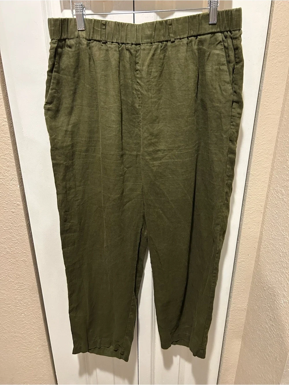 Quince 100% Linen Pants Pull On Tapered Olive Green , Large